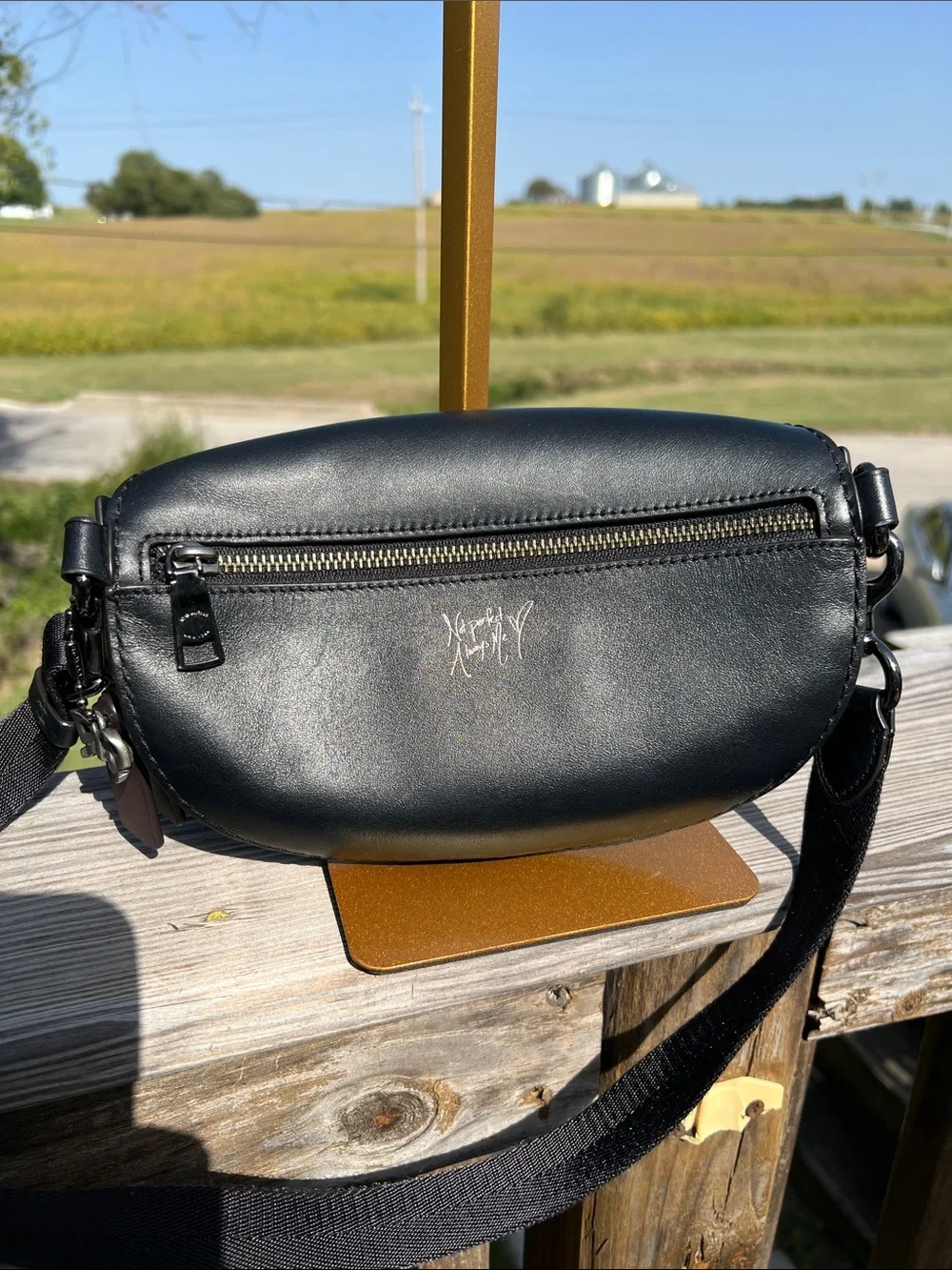 Coach X Selena Gomez Black Leather Belt Crossbody Bag with Embroidered Bunny